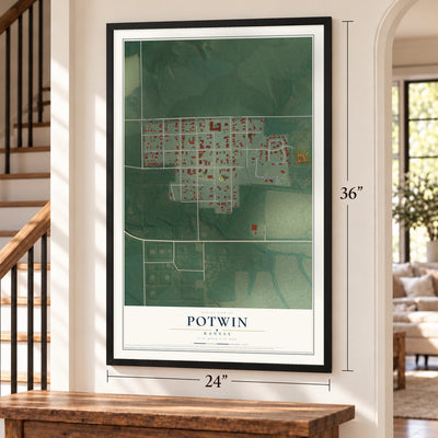 Potwin, Kansas map, 24 x 36 inch print in a black frame by a staircase