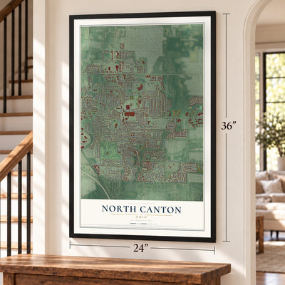 North Canton, Ohio map, 24 x 36 inch print in a black frame by a staircase