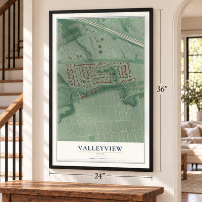 Valleyview, Ohio map, 24 x 36 inch print in a black frame by a staircase