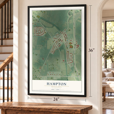 Hampton, Minnesota map, 24 x 36 inch print in a black frame by a staircase