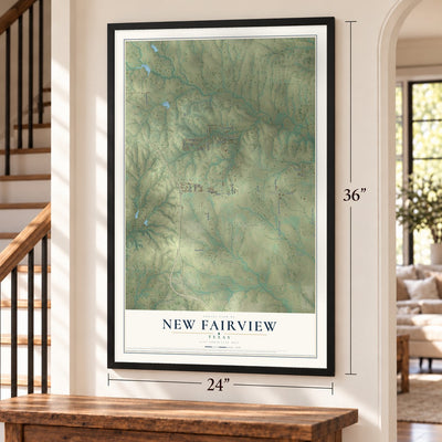New Fairview, Texas map, 24 x 36 inch print in a black frame by a staircase