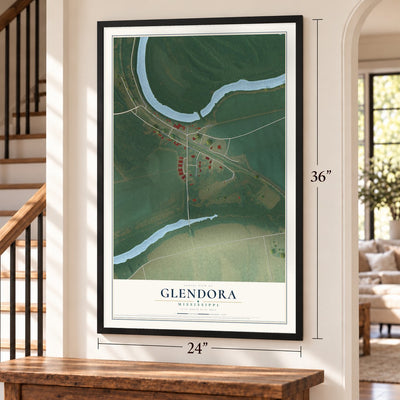 Glendora, Mississippi map, 24 x 36 inch print in a black frame by a staircase