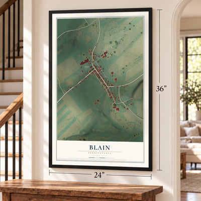 Blain, Pennsylvania map, 24 x 36 inch print in a black frame by a staircase
