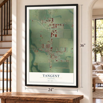 Tangent, Oregon map, 24 x 36 inch print in a black frame by a staircase