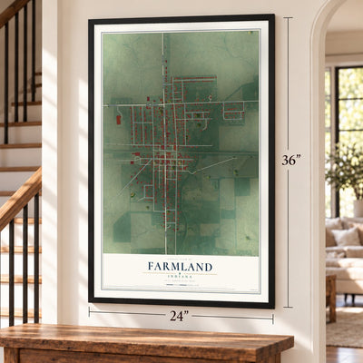 Farmland, Indiana map, 24 x 36 inch print in a black frame by a staircase