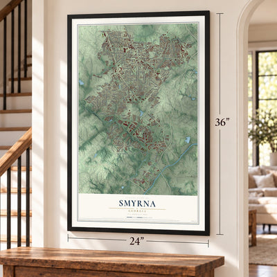 Smyrna, Georgia map, 24 x 36 inch print in a black frame by a staircase