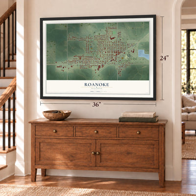 Roanoke, Illinois map, 24 x 36 inch print in a black frame above a dresser by a staircase