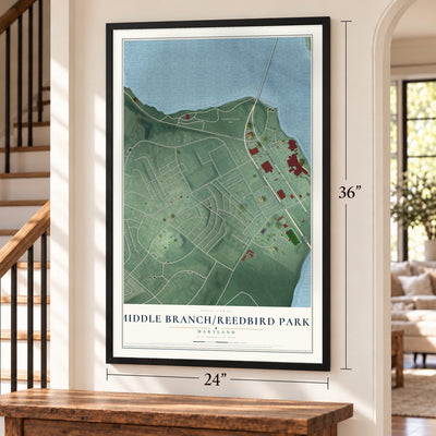 Middle Branch-Reedbird Parks, Maryland map, 24 x 36 inch print in a black frame by a staircase