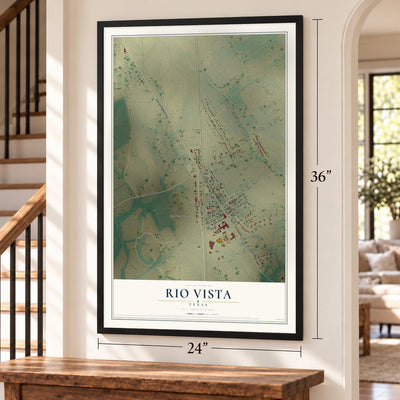 Rio Vista, Texas map, 24 x 36 inch print in a black frame by a staircase