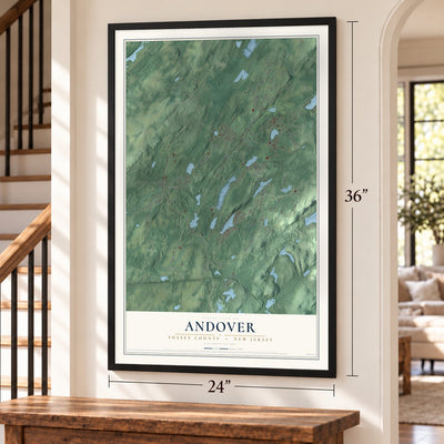 Andover, Sussex County, New Jersey map, 24 x 36 inch print in a black frame by a staircase