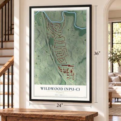 Wildwood (NPU-C), Georgia map, 24 x 36 inch print in a black frame by a staircase