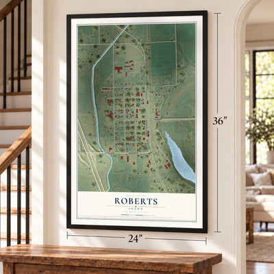 Roberts, Idaho map, 24 x 36 inch print in a black frame by a staircase