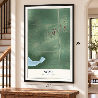 Nome, North Dakota map, 24 x 36 inch print in a black frame by a staircase