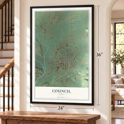 Council, Idaho map, 24 x 36 inch print in a black frame by a staircase