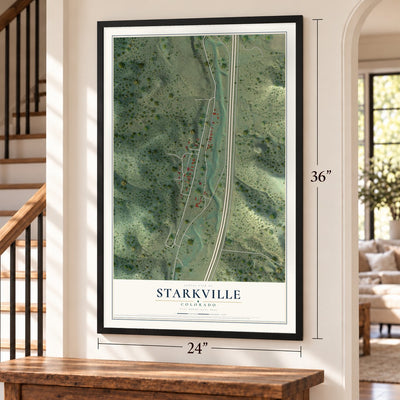Starkville, Colorado map, 24 x 36 inch print in a black frame by a staircase
