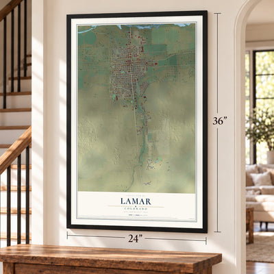 Lamar, Colorado map, 24 x 36 inch print in a black frame by a staircase