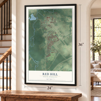 Red Hill, South Carolina map, 24 x 36 inch print in a black frame by a staircase