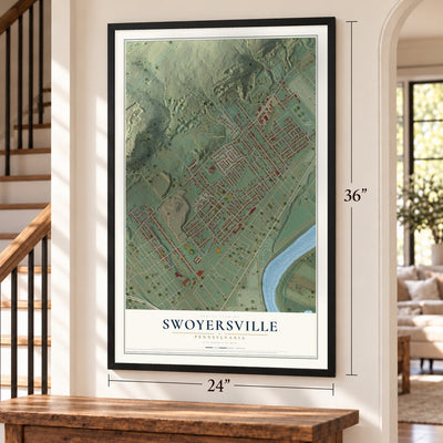 Swoyersville, Pennsylvania map, 24 x 36 inch print in a black frame by a staircase