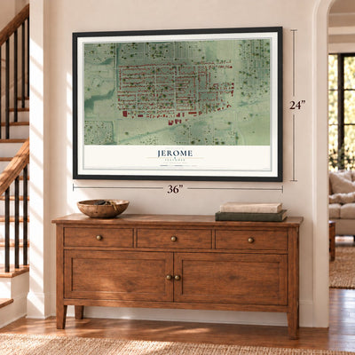 Jerome, Illinois map, 24 x 36 inch print in a black frame above a dresser by a staircase