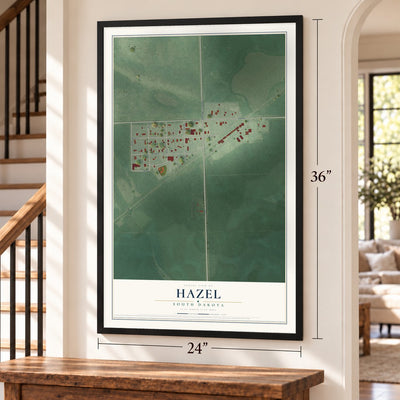 Hazel, South Dakota map, 24 x 36 inch print in a black frame by a staircase