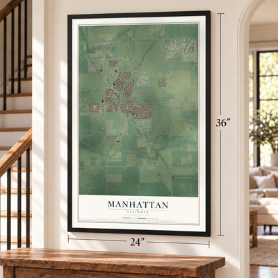 Manhattan, Illinois map, 24 x 36 inch print in a black frame by a staircase