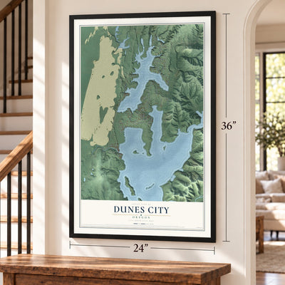 Dunes City, Oregon map, 24 x 36 inch print in a black frame by a staircase