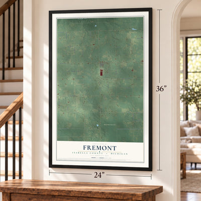 Fremont, Isabella County, Michigan map, 24 x 36 inch print in a black frame by a staircase