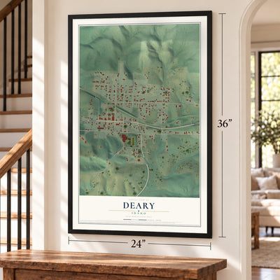Deary, Idaho map, 24 x 36 inch print in a black frame by a staircase