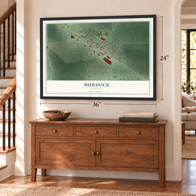 Murdock, Minnesota map, 24 x 36 inch print in a black frame above a dresser by a staircase