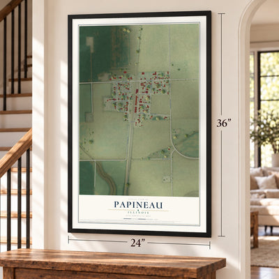 Papineau, Illinois map, 24 x 36 inch print in a black frame by a staircase