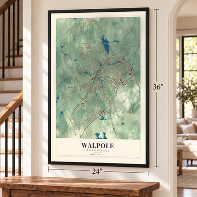 Walpole, Massachusetts map, 24 x 36 inch print in a black frame by a staircase