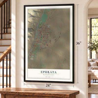 Ephrata, Washington map, 24 x 36 inch print in a black frame by a staircase