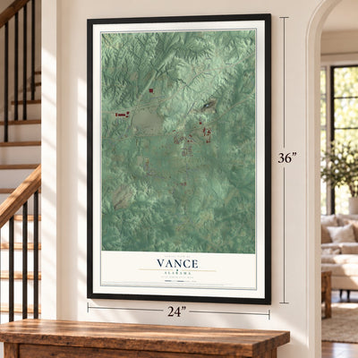 Vance, Alabama map, 24 x 36 inch print in a black frame by a staircase