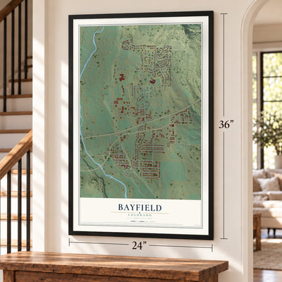 Bayfield, Colorado map, 24 x 36 inch print in a black frame by a staircase