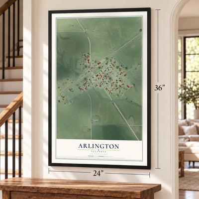 Arlington, Illinois map, 24 x 36 inch print in a black frame by a staircase