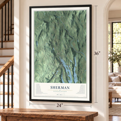 Sherman, Connecticut map, 24 x 36 inch print in a black frame by a staircase