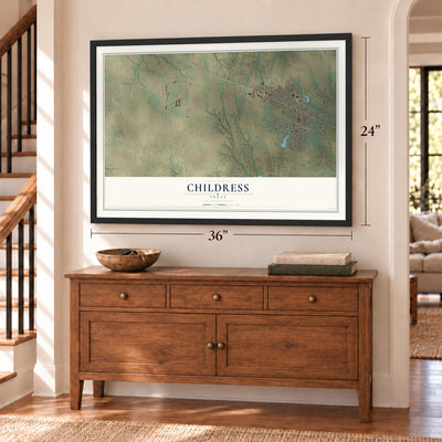 Childress, Texas map, 24 x 36 inch print in a black frame above a dresser by a staircase