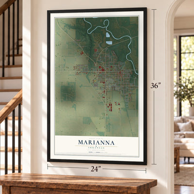 Marianna, Arkansas map, 24 x 36 inch print in a black frame by a staircase