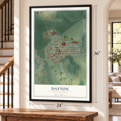 Dayton, Pennsylvania map, 24 x 36 inch print in a black frame by a staircase