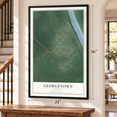 Georgetown, Arkansas map, 24 x 36 inch print in a black frame by a staircase