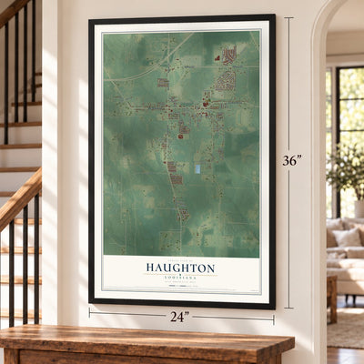 Haughton, Louisiana map, 24 x 36 inch print in a black frame by a staircase