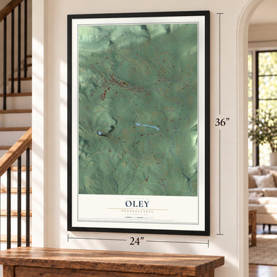 Oley, Pennsylvania map, 24 x 36 inch print in a black frame by a staircase