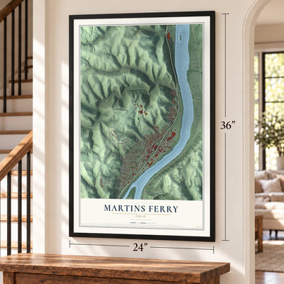 Martins Ferry, Ohio map, 24 x 36 inch print in a black frame by a staircase
