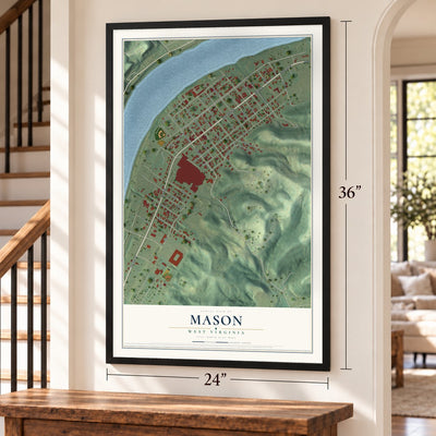 Mason, West Virginia map, 24 x 36 inch print in a black frame by a staircase