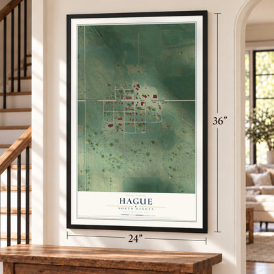 Hague, North Dakota map, 24 x 36 inch print in a black frame by a staircase