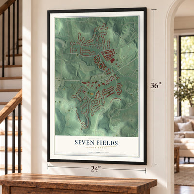 Seven Fields, Pennsylvania map, 24 x 36 inch print in a black frame by a staircase