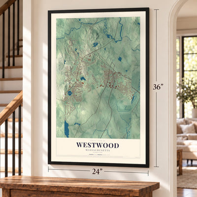 Westwood, Massachusetts map, 24 x 36 inch print in a black frame by a staircase