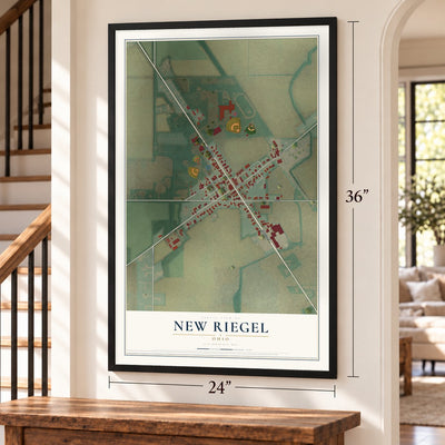 New Riegel, Ohio map, 24 x 36 inch print in a black frame by a staircase