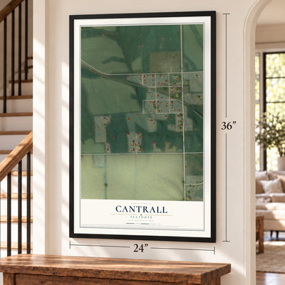 Cantrall, Illinois map, 24 x 36 inch print in a black frame by a staircase
