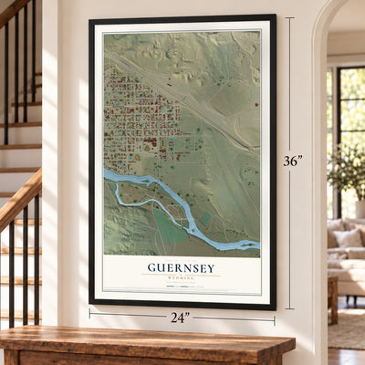 Guernsey, Wyoming map, 24 x 36 inch print in a black frame by a staircase